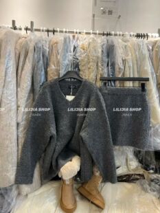 MIDO家 2025秋冬新款韩版宽松慵懒风V领毛衣+高腰显瘦半身裙套装