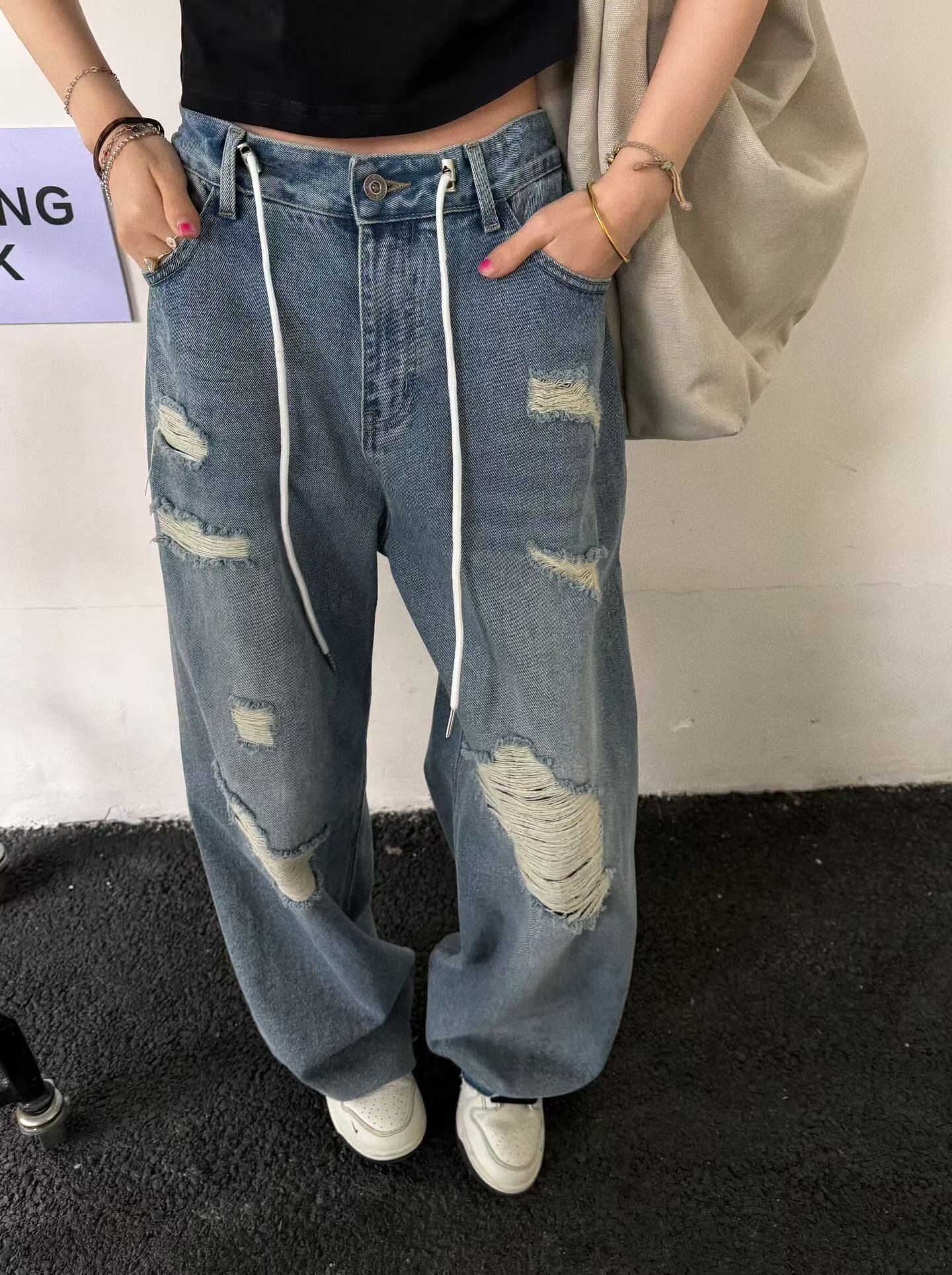 MIDO家 2026春季新款韩版复古磨破抽绳宽松破洞牛仔裤女休闲