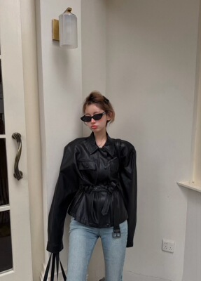 MIDO家 2026春季新款女时尚翻领系带洋气机车短款时尚皮衣外套