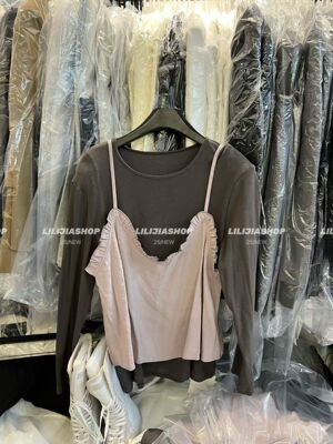 MIDO家 2025秋季韩版时尚百搭宽松显瘦吊带背心+磨毛长袖T恤套装