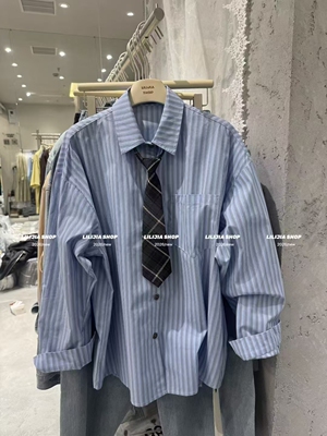 MIDO家 2026春韩版时尚百搭显瘦条纹领带衬衫女宽松休闲长袖衬衣