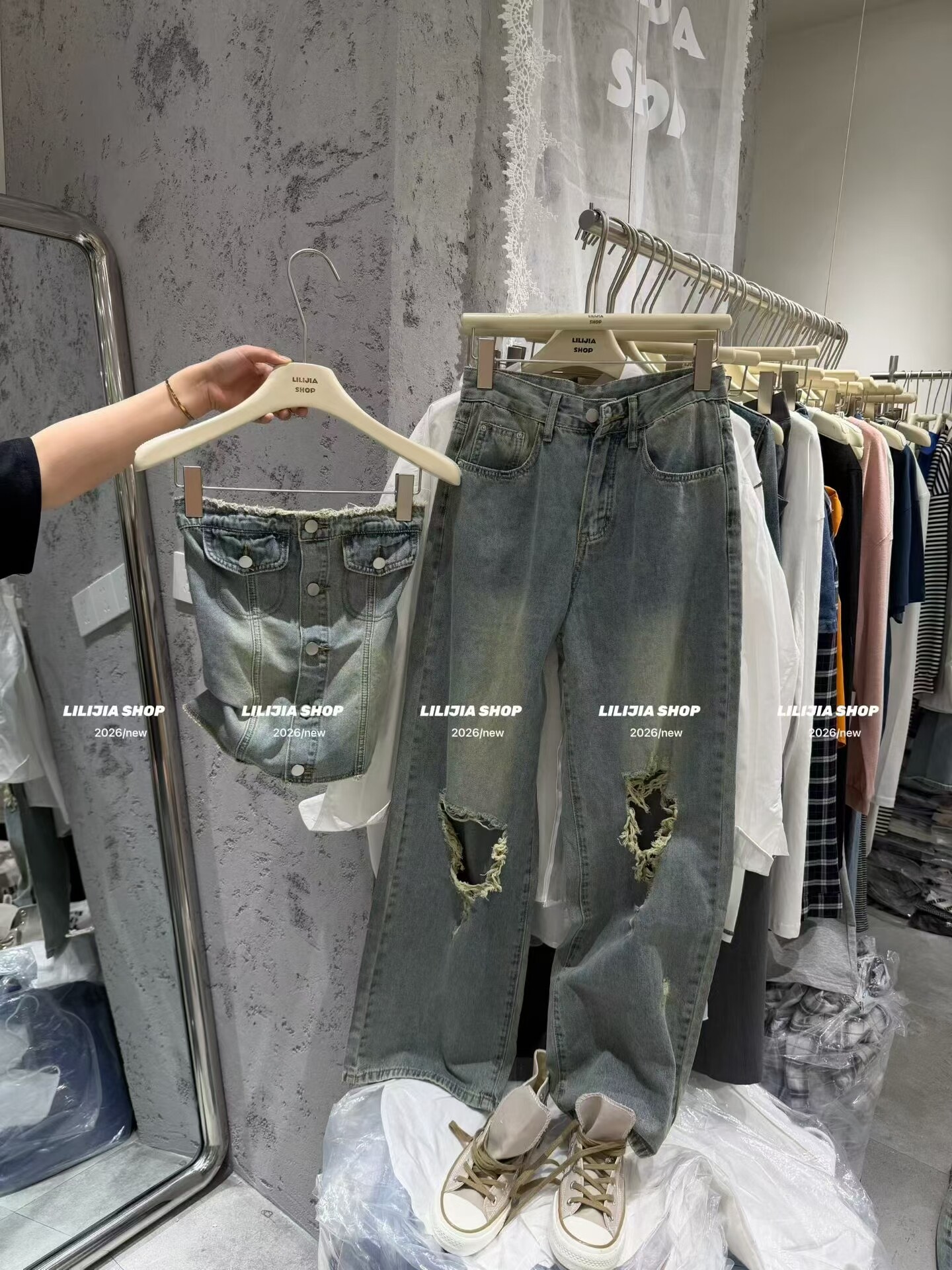 MIDO家 复古气质性感辣妹修身抹胸上衣女破洞牛仔裤时尚两件套装