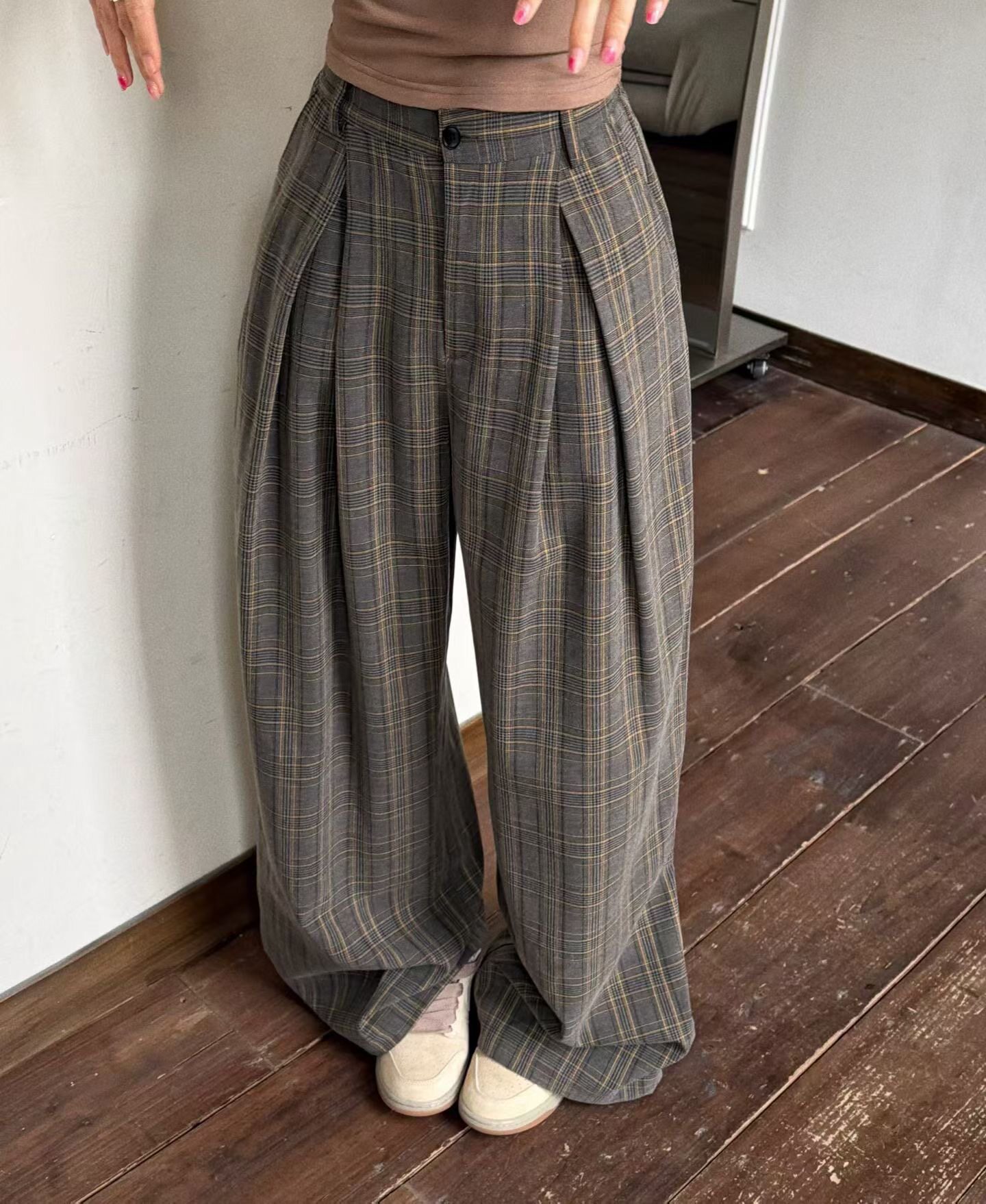 MIDO家 韩国chic春格子高腰宽松休闲裤女韩系慵懒风百搭阔腿裤