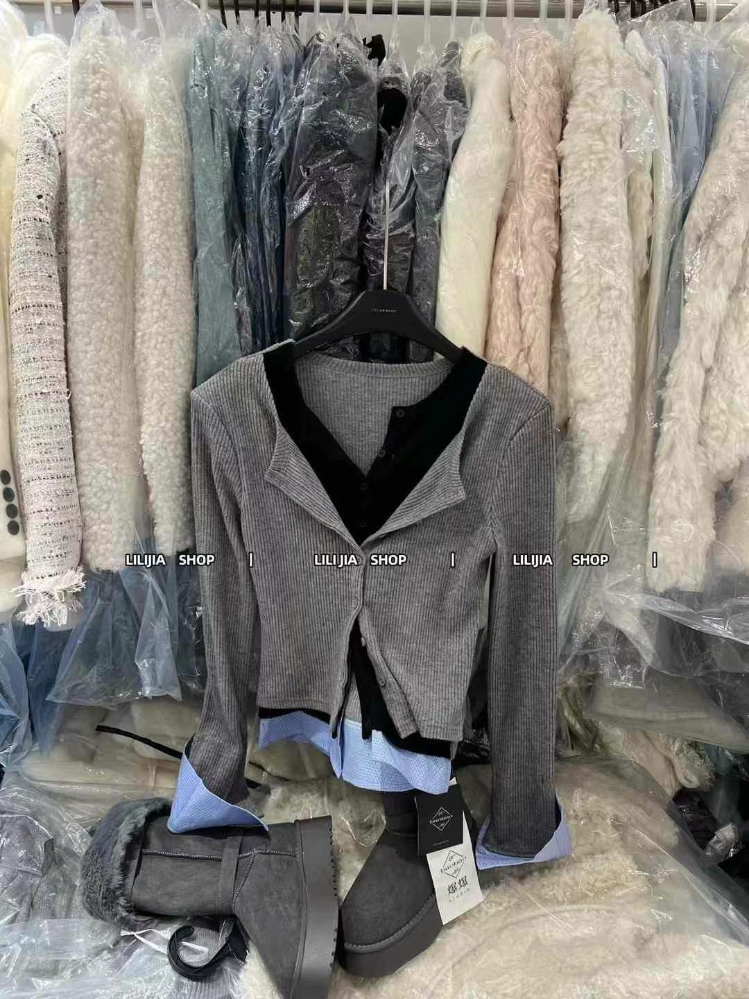 MIDO家 韩系慵懒风叠穿打底王撞色假三件软糯拼接毛螺纹T恤衣开衫