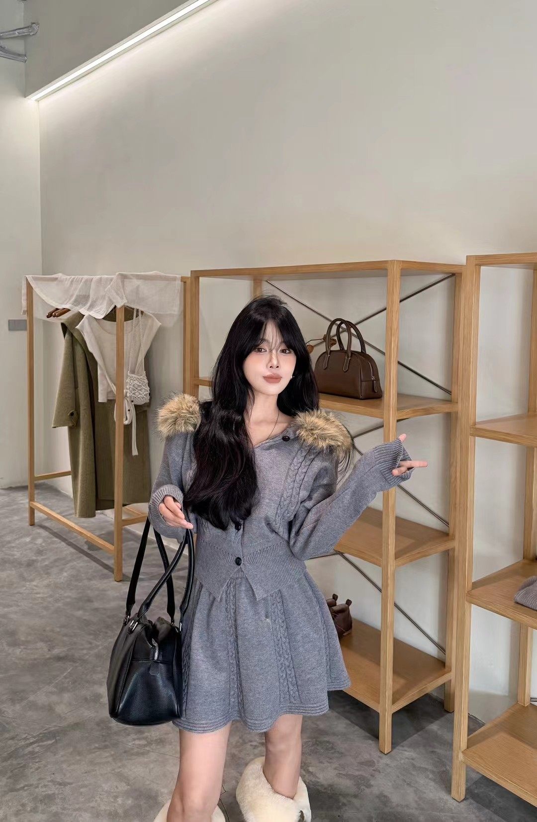 MIDO家 2025秋冬新款韩版宽松显瘦连帽毛领毛衣开衫女半身裙套装,女装/女士精品,时尚套装,淘宝优惠券,粉丝福利购,淘宝优惠卷