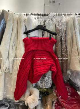 MIDO家 2025冬新款韩版宽松显瘦百搭一字肩红色麻花毛衣女慵懒风