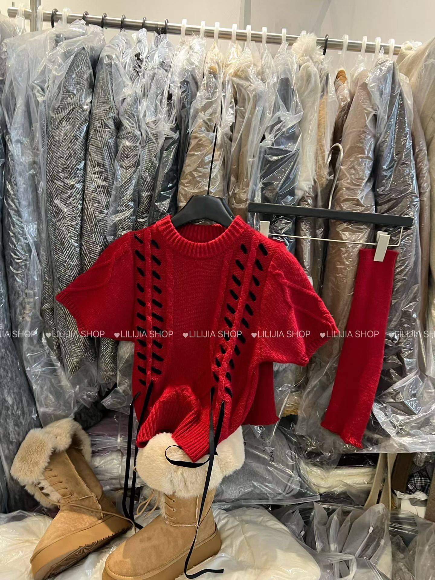 MIDO家 2025冬季温柔风圆领短袖系带麻花休闲针织衫上衣女配袖套