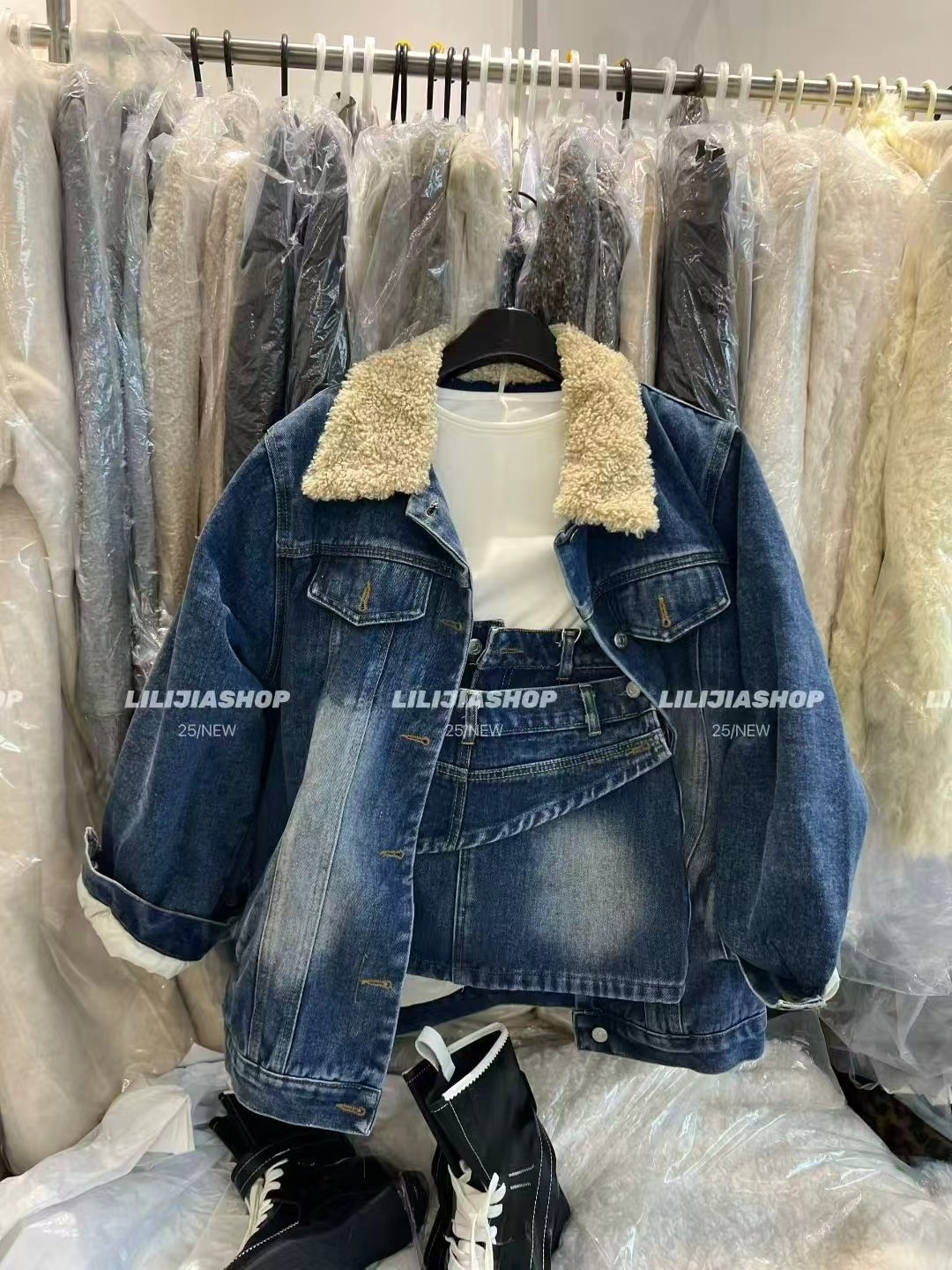 MIDO家 2025冬韩版时尚百搭宽松加棉羊羔毛领牛仔外套女短裙套装