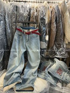 MIDO家 加绒阔腿牛仔裤女冬2025高腰显瘦浅色复古蓝色窄版直筒裤