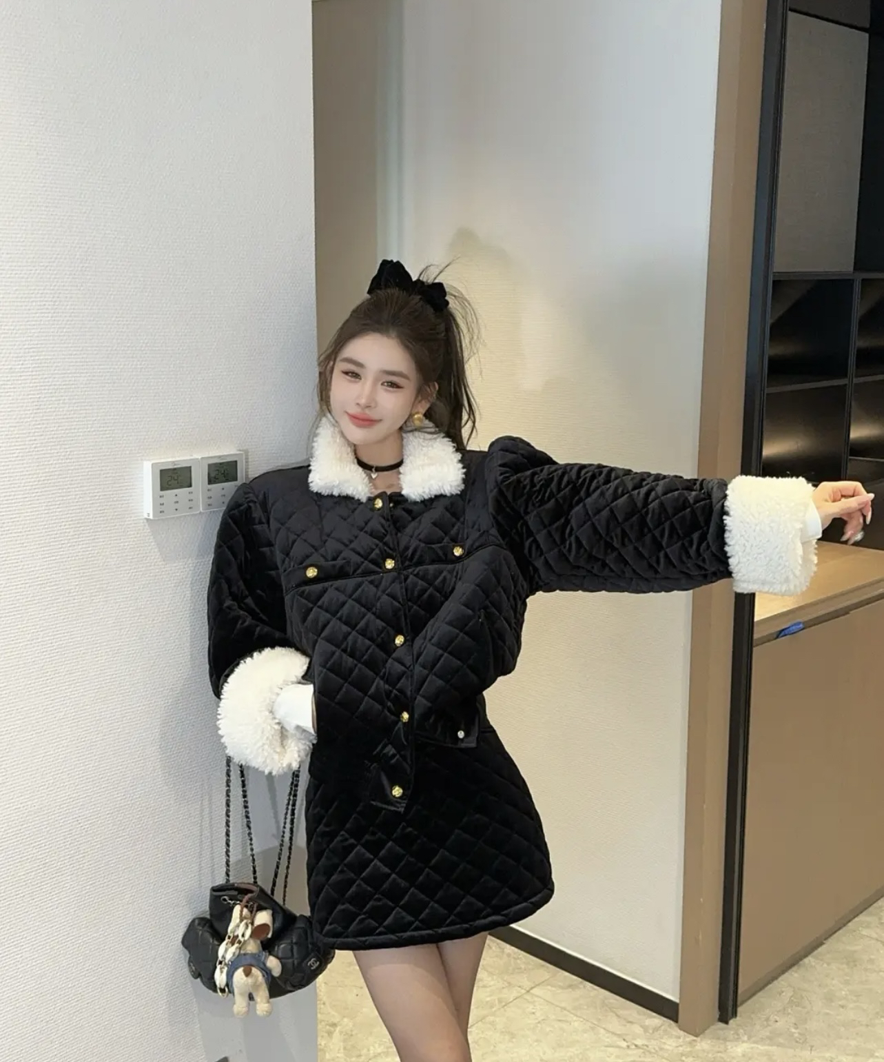 MIDO家 时尚套装2024秋冬法式排扣拼接毛毛短外套+高腰显瘦半身裙