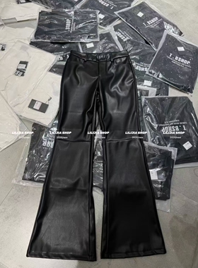 MIDO家 韩版时尚百搭显瘦高腰显瘦pu皮微喇九分裤喇叭裤皮裤