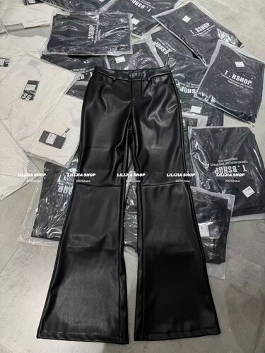 MIDO家 韩版时尚百搭显瘦高腰显瘦pu皮微喇九分裤喇叭裤皮裤