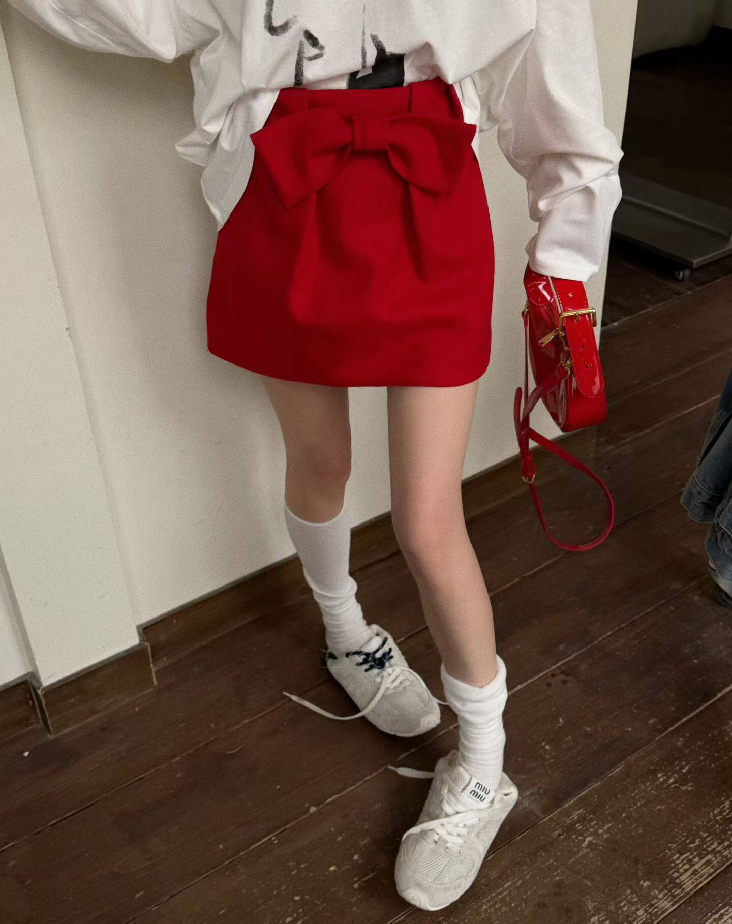 MIDO家 半身裙女2026春季新款韩版高腰显瘦百搭时尚蝴蝶结A字裙