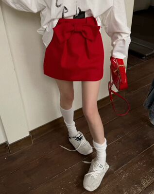 MIDO家 半身裙女2026春季新款韩版高腰显瘦百搭时尚蝴蝶结A字裙