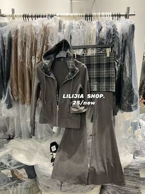 MIDO家 复古格纹拼接连帽长袖卫衣女秋显瘦套装微喇叭休闲裤套装