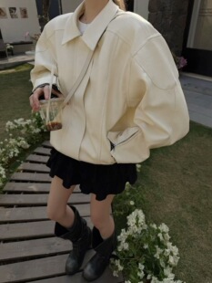 MIDO家 2026春季新款韩版简约百搭翻领短款拉链皮衣夹克外套女