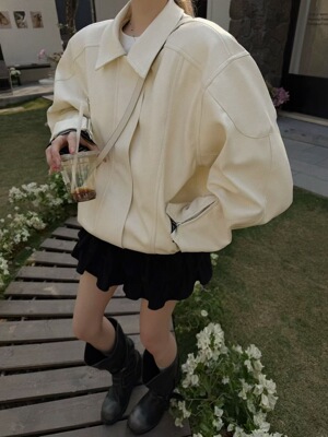 MIDO家 2026春季新款韩版简约百搭翻领短款拉链皮衣夹克外套女