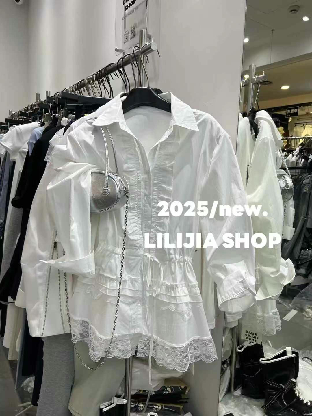 MIDO家 2025春季新品女装腰围抽绳绑带蕾丝花边中长款衬衫