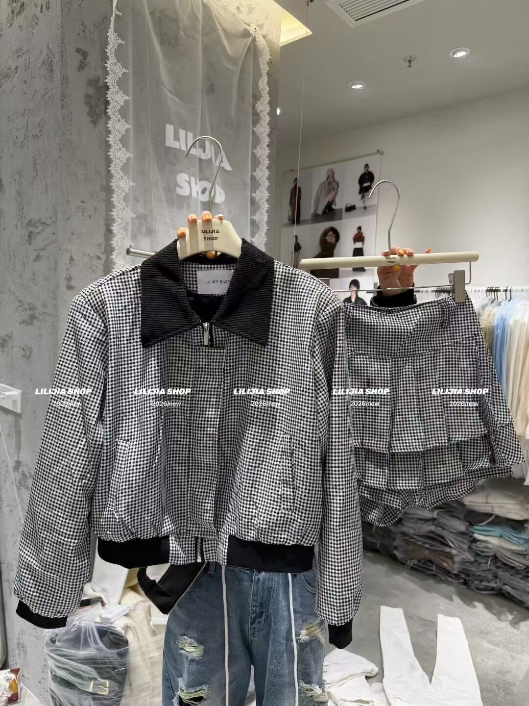 MIDO家 美式复古黑白格子短外套套装女百褶蛋糕短裙半身裙两件套