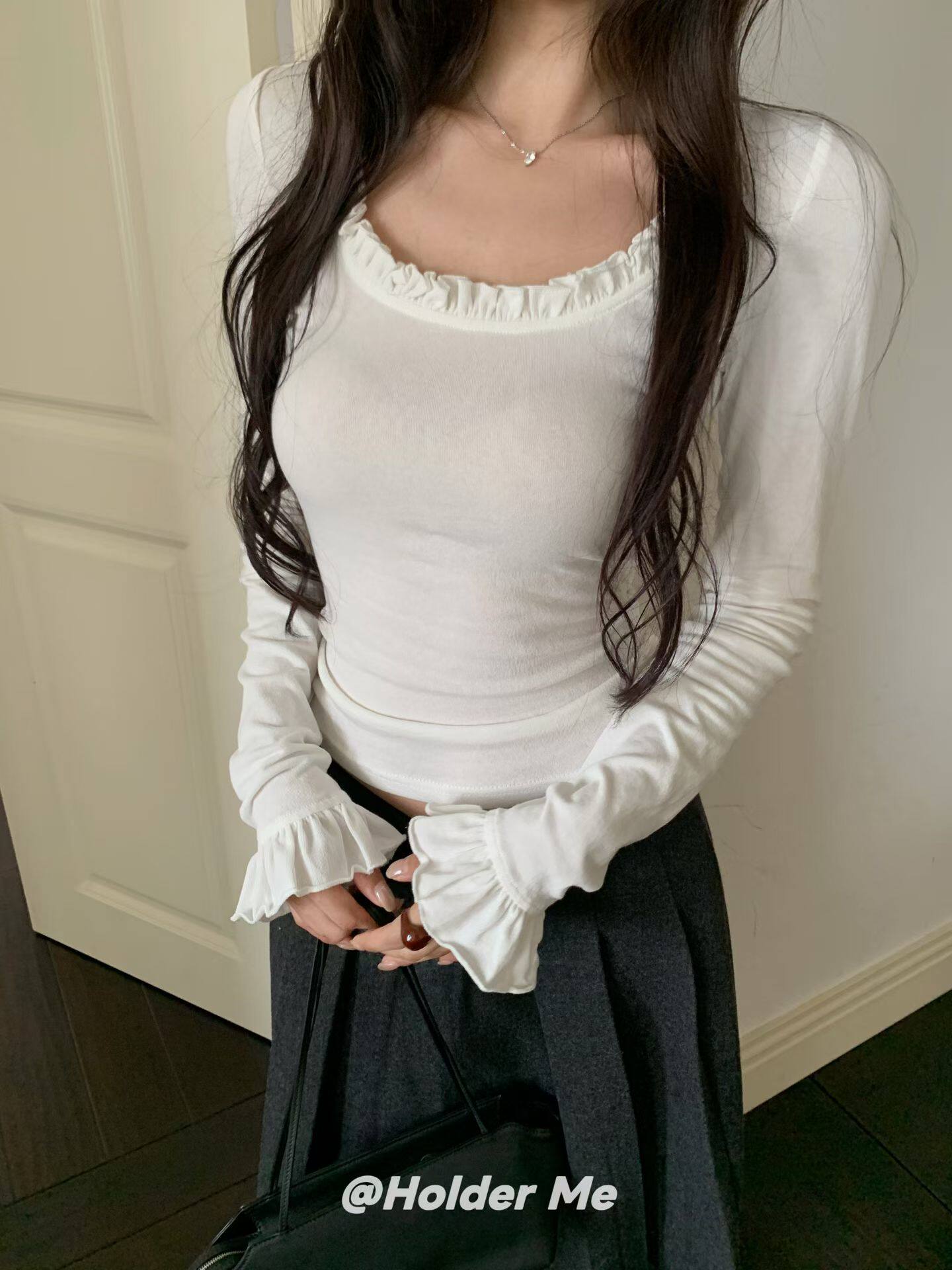 MIDO家 2026秋冬韩版时尚百搭显瘦木耳边套头长袖针织t恤女