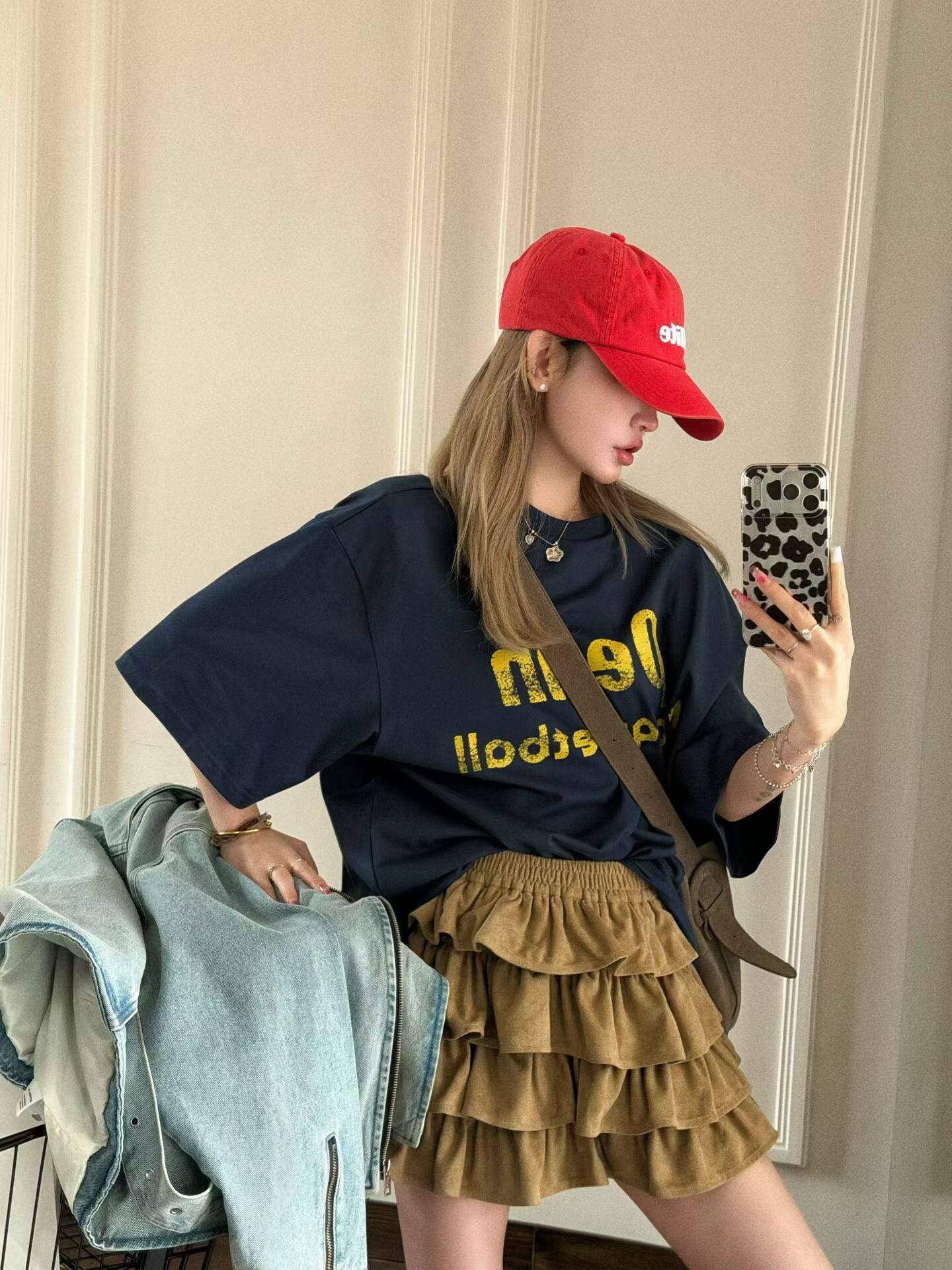 MIDO家 2026年春季新款垫肩字母印花撞色宽松短袖T恤衫女潮