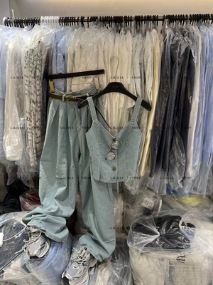 MIDO家 复古套装女做旧单排扣吊带背心夏季高腰牛仔阔腿裤两件套