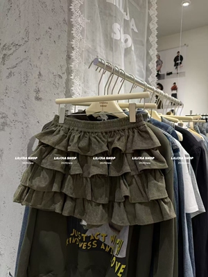 MIDO家 甜辣妹蓬蓬蛋糕半身裙女松紧高腰显瘦垂感a字荷叶边短裙子