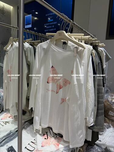 MiDO家 2026夏新款韩版时尚百搭宽松显瘦拉肩薄款防晒印花长袖T恤