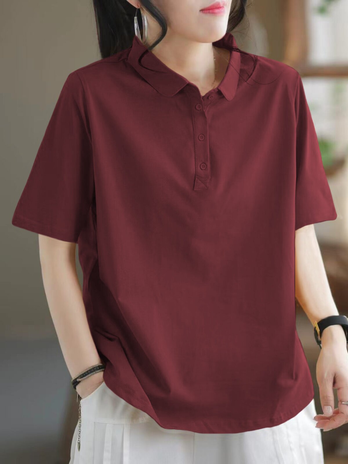 COTTON SHORT-SLEEVED POLO NECK T-SHIRT SUMMER NEW LITERARY RETRO CASUAL VERSATILE PRINT COTTON T-SHIRT TOP