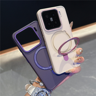 适用小米14手机壳简约纯色磁吸充电支架xiaomi15pro肤感硅胶防指纹mi13保护套13por金属镜框硬壳男士女新款潮