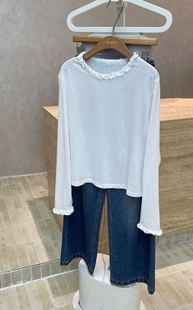 欧洲站2025秋款 时尚 纯色木耳边设计长袖 t恤宽松显瘦百搭女打底衫