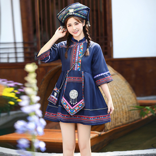 广西壮族三月三服装成人女连衣裙苗族演出服瑶族舞蹈表演服