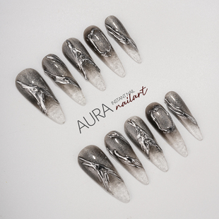 小众ins酷飒黑银美甲 纯手工穿戴甲2025中长款 AuraNail 黑精灵