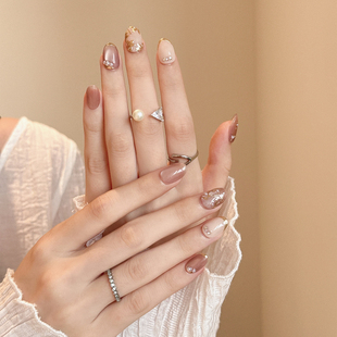 高级感气质手绘珍珠猫眼 纯手工穿戴甲2025短款 AuraNail 花楹