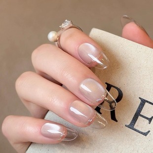 高级感法式 纯手工穿戴甲中长款 清透温柔猫眼 冰璃流萤 AuraNail
