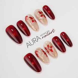 AuraNail 纯手工穿戴甲2026高级感红宝石手绘猫眼气质显白 璎珞