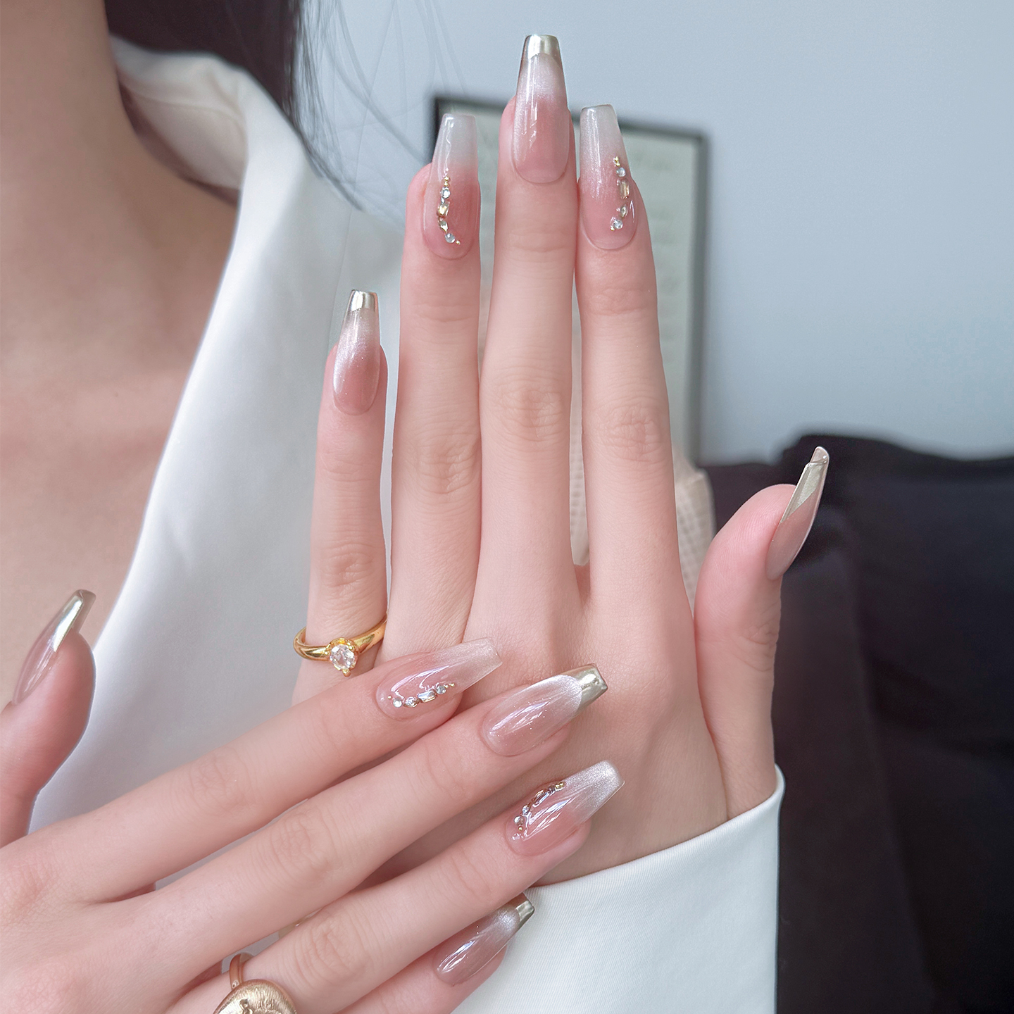 AuraNail手工穿戴甲法式金边猫眼