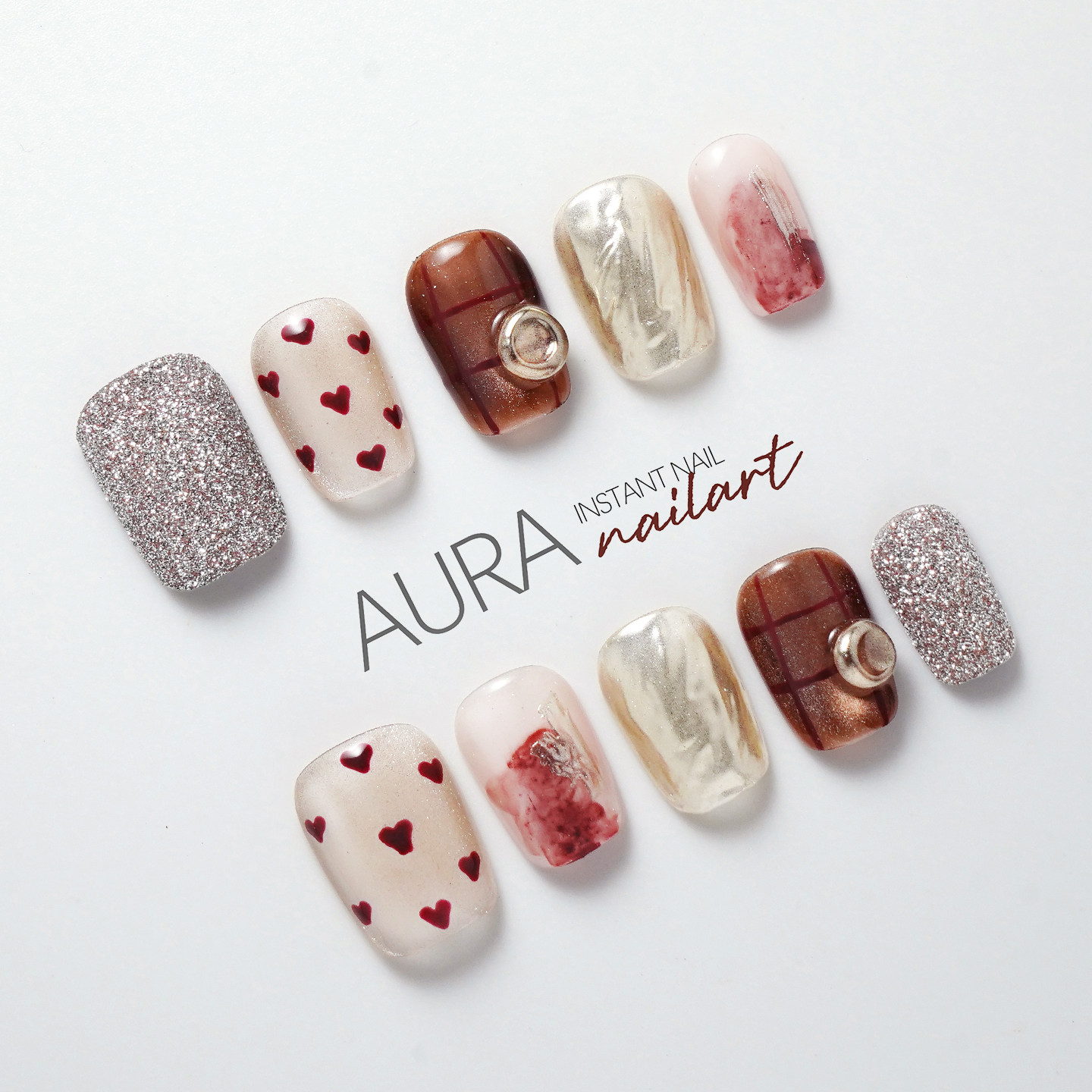 AuraNail【心电感觉】纯手工穿戴甲2026短款复古高级爱心格纹猫眼,彩妆/香水/美妆工具,穿戴甲/甲片,淘宝优惠券,粉丝福利购,淘宝优惠卷