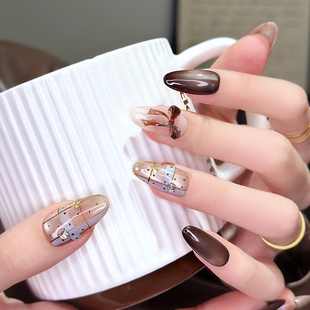 秋冬美拉德蝴蝶结 纯手工穿戴甲2025中长款 AuraNail 暮色织星