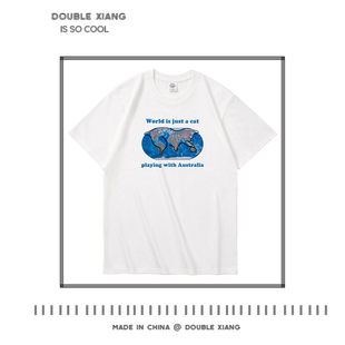 趣味恶搞世界地图印花短袖t恤纯棉 小猫咪衣服男女大码体恤衫半袖