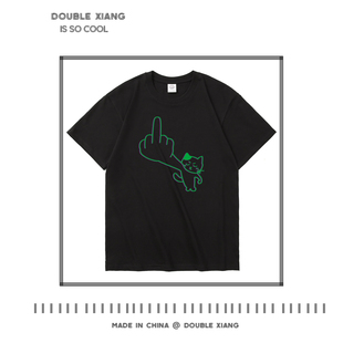 小小的猫咪脾气爆 趣味竖中指猫T恤短袖纯棉搞笑抽象大码体恤衫潮