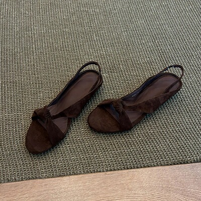 羊皮版~小众简约交叉带罗马凉鞋女2025夏季露趾坡跟后拌带凉拖鞋