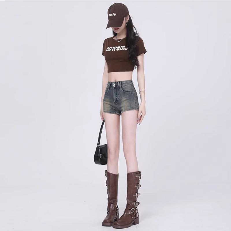 弹力牛仔短裤女款大码遮胯显瘦复古美式辣妹短款修身包臀高腰热裤