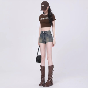 弹力牛仔短裤女款大码遮胯显瘦复古美式辣妹短款修身包臀高腰热裤