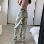 阔腿裤 美式 女高腰垂感宽松直筒窄版 浅色黄泥牛仔裤 子 复古春秋大码