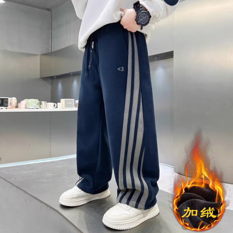 男童秋冬款加绒休闲条纹卫裤