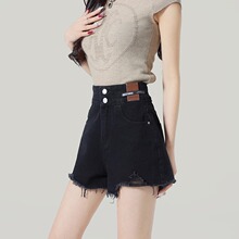 夏薄款黑色毛边牛仔短裤女高腰显瘦遮胯梨形身材宽松a字阔腿裤子