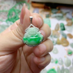 s925银镶银天然翡翠A货飘阳绿佛公佛公肚里藏金