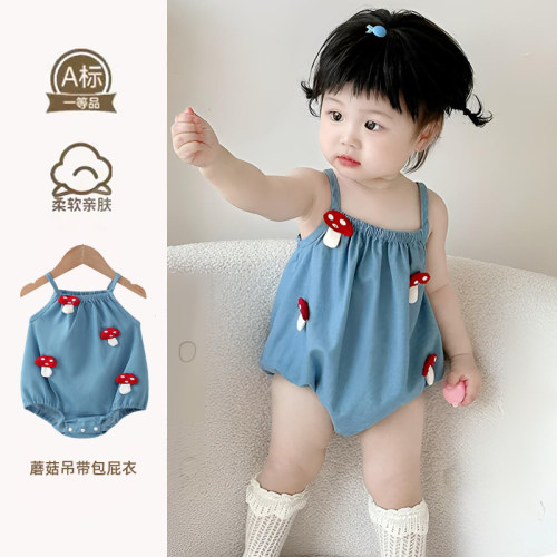 夏季卡通爬服女童无袖连体衣蘑菇吊带包屁衣造型服满月白天女宝宝