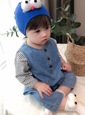 连身裤韩版裤子宽肩牛仔连体裤男女宝宝背带裤连体衣春秋条纹套装